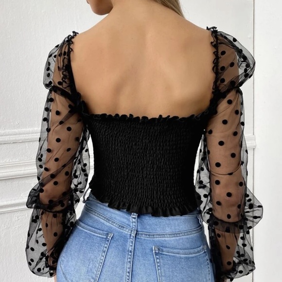 Boho polka dot sheer sleeve crop top black